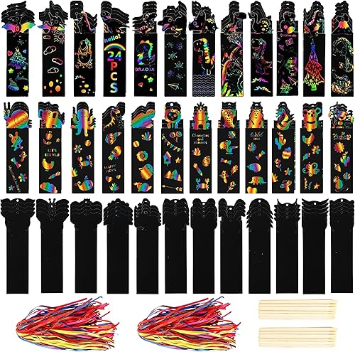 Goaste Paquete de 144 marcadores de animales para rascar, manualidades mágicas de bricolaje, papel de dinosaurio colorido para rascar con 144