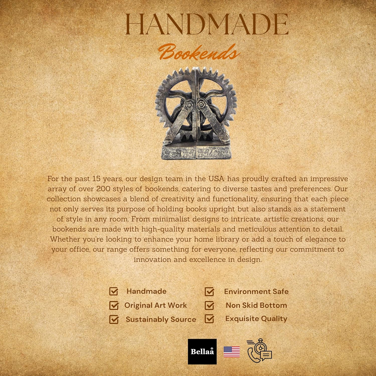 Bellaa 25662 Decorative Bookend Gear Book Ends Industrial Science Rustic Vintage Unique Heavy Steampunk Statues Bookshelves Stopper Support Home Decor Accents