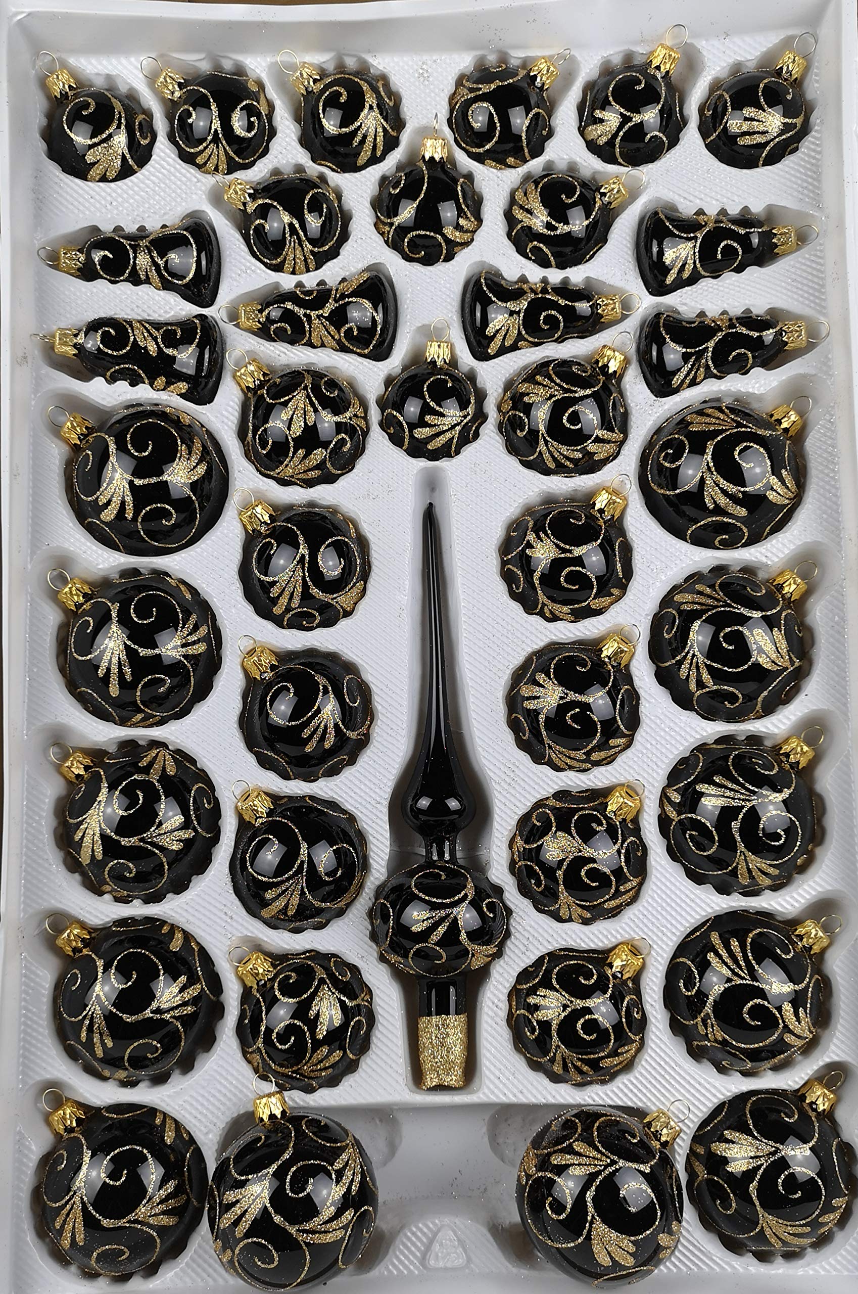 39 TLG. Glas-Weihnachtskugeln Set in Hochglanz Schwarz Goldene Ornamente - Edle Neuheit Christbaumkugeln - Weihnachtsschmuck - Christbaumschmuck