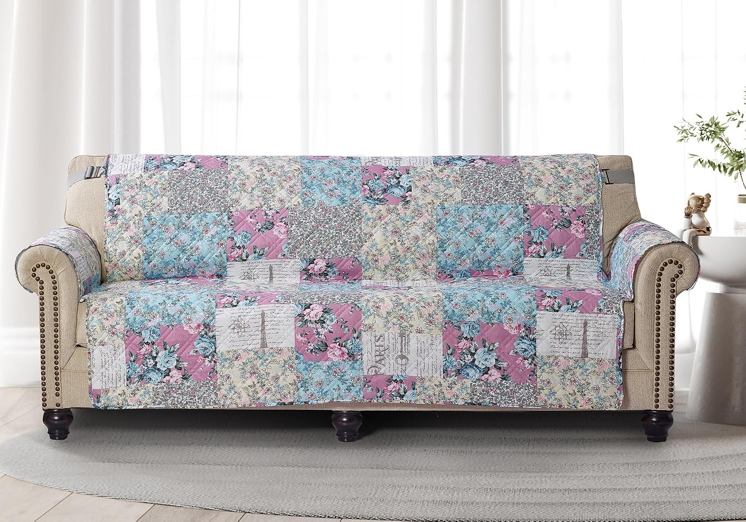 Brilliant Sunshine Lilac Rose Toile Patchwork Couch Loveseat Slip Cover