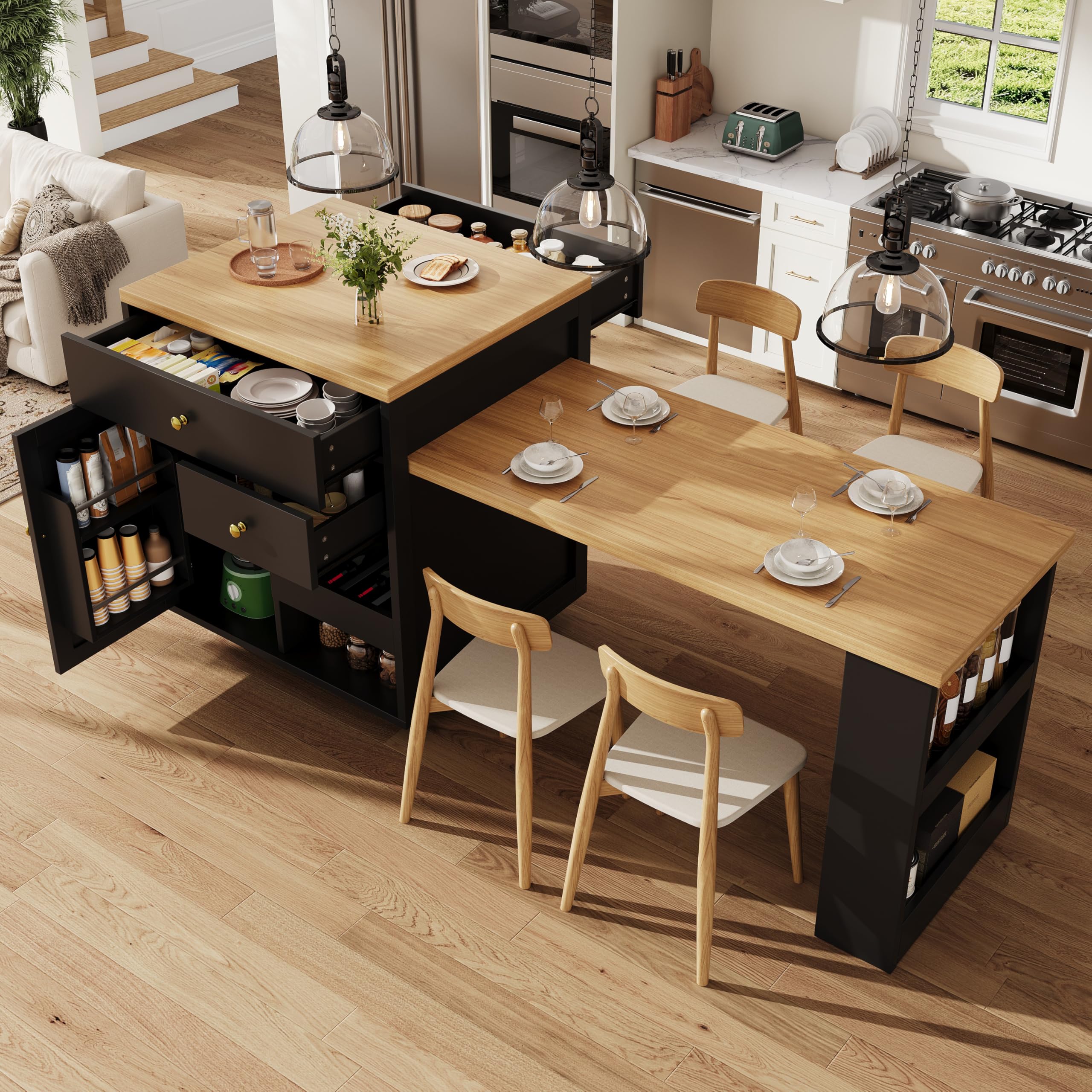 BTM Kitchen Island with Pull-out Dining Table Extendable Kitchen Island Table with Breakfast Bar, Wine Rack, Shelves Black+Oak
