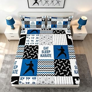 Castle Fairy Karate Fitted Sheet Twin Size,Karate Player Silhouette Bedding Set 2Pcs,Boys Men Sports Theme Bed Sheet Stars Stripes Patchwork Navy White Black Plaid Deep Pocket Sheet,1 Pillowcase