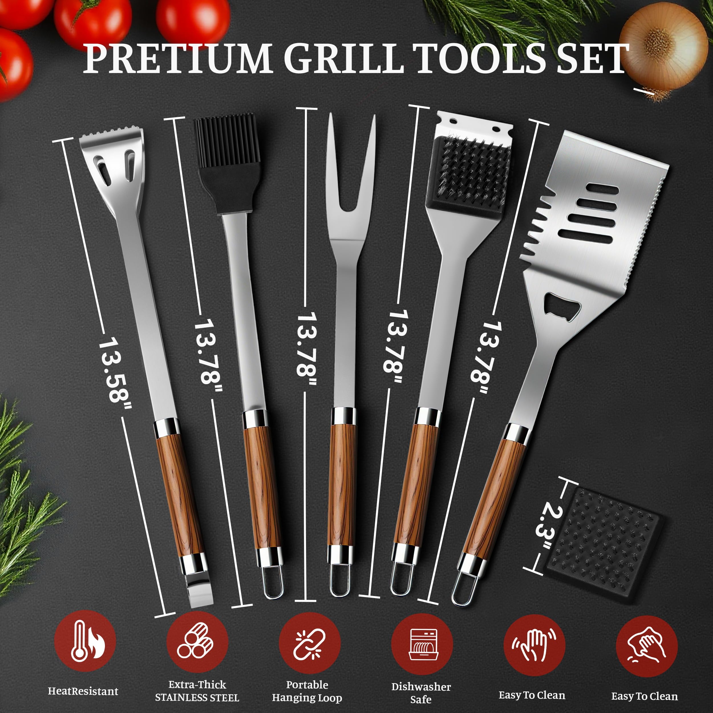 Juego de 7 cubiertos para barbacoa de acero inoxidable con bolsa de almacenamiento, juego de barbacoa con asas de madera resistentes al calor, ideal como regalo de barbacoa para hombres
