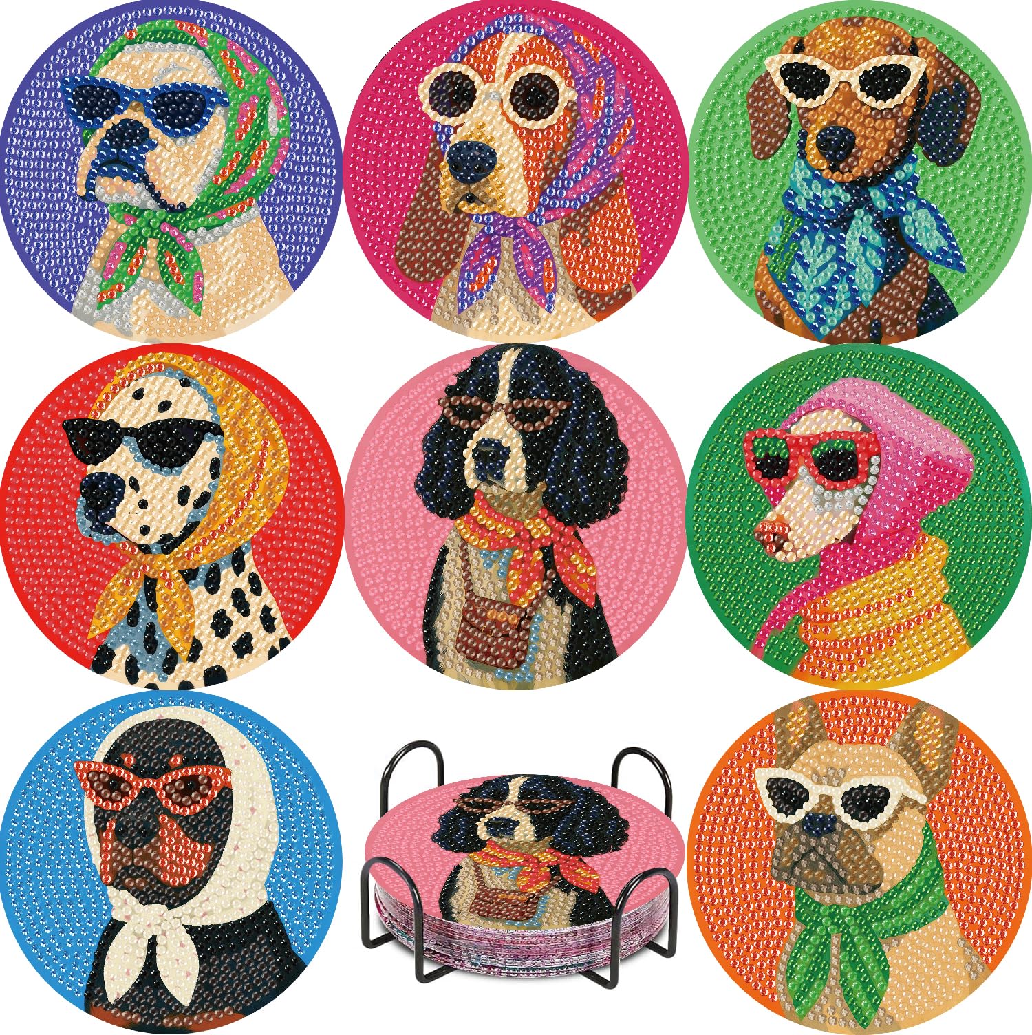 Jakener Bdwy338-Uk 8 Pcs Dog Diamond Art Painting Coasters Kits,Coaster With Holder For Adults, Non-Slip Diy Dot Paint Craft Kits,5D Full Drill Diy Diamond Dot Gem Art Kit Home Decor Arts Craft