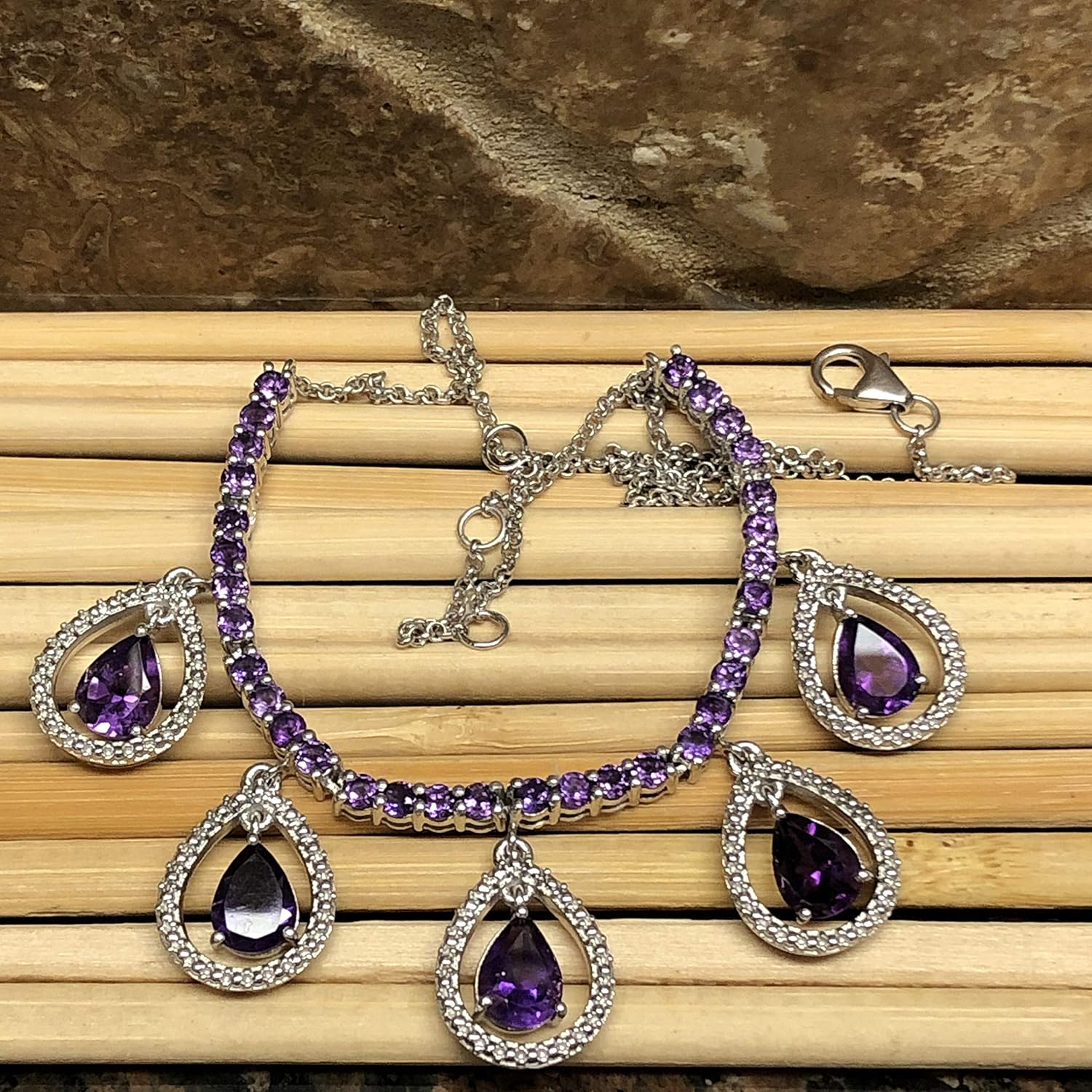 Natural 15ct Purple Amethyst 925 Solid Sterling Silver Designer Necklace 17 1/2" - Image 4
