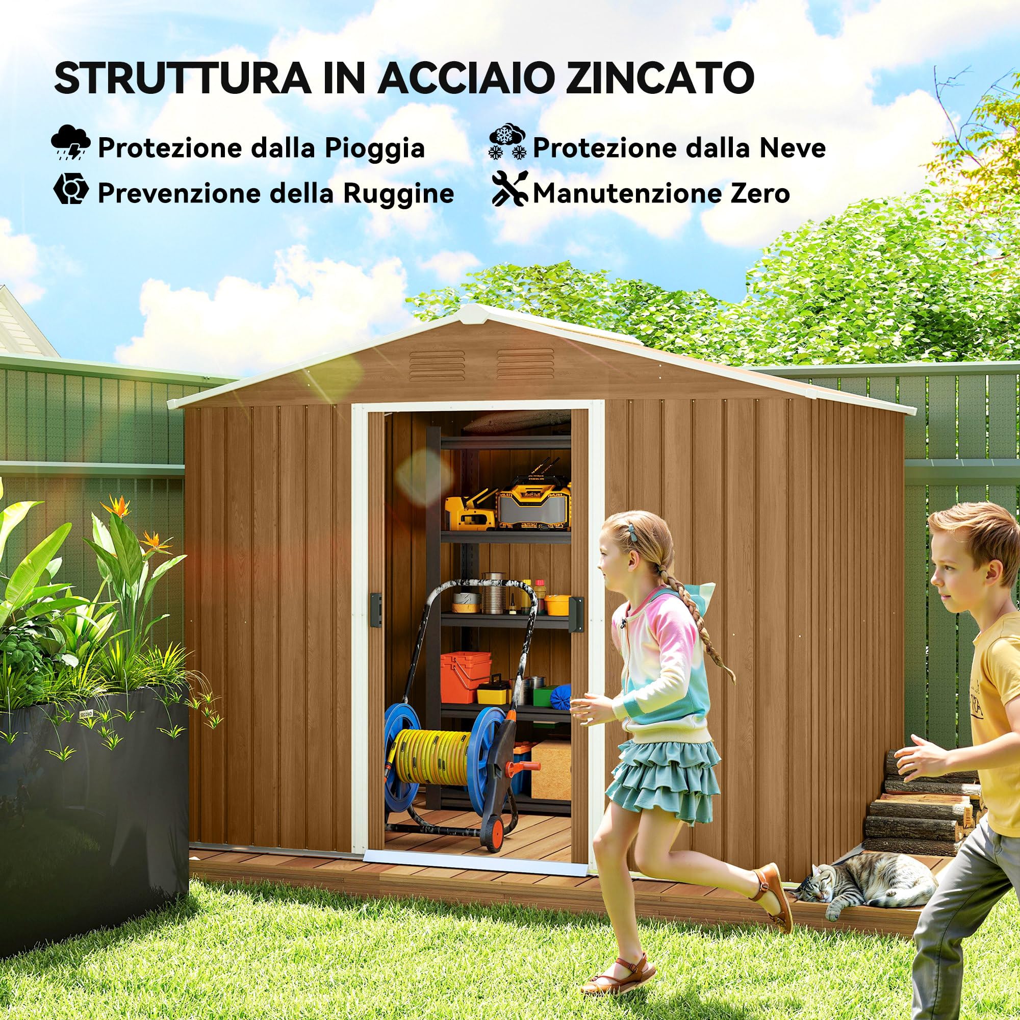 Outsunny Casetta da Giardino 3.6m² in Acciaio Zincato con Prese d'Aria, Capanno da Giardino con Doppia Porta Scorrevole Bloccabile, Tetto Inclinato, Capanno Porta Attrezzi, Marrone Scuro Effetto Legno