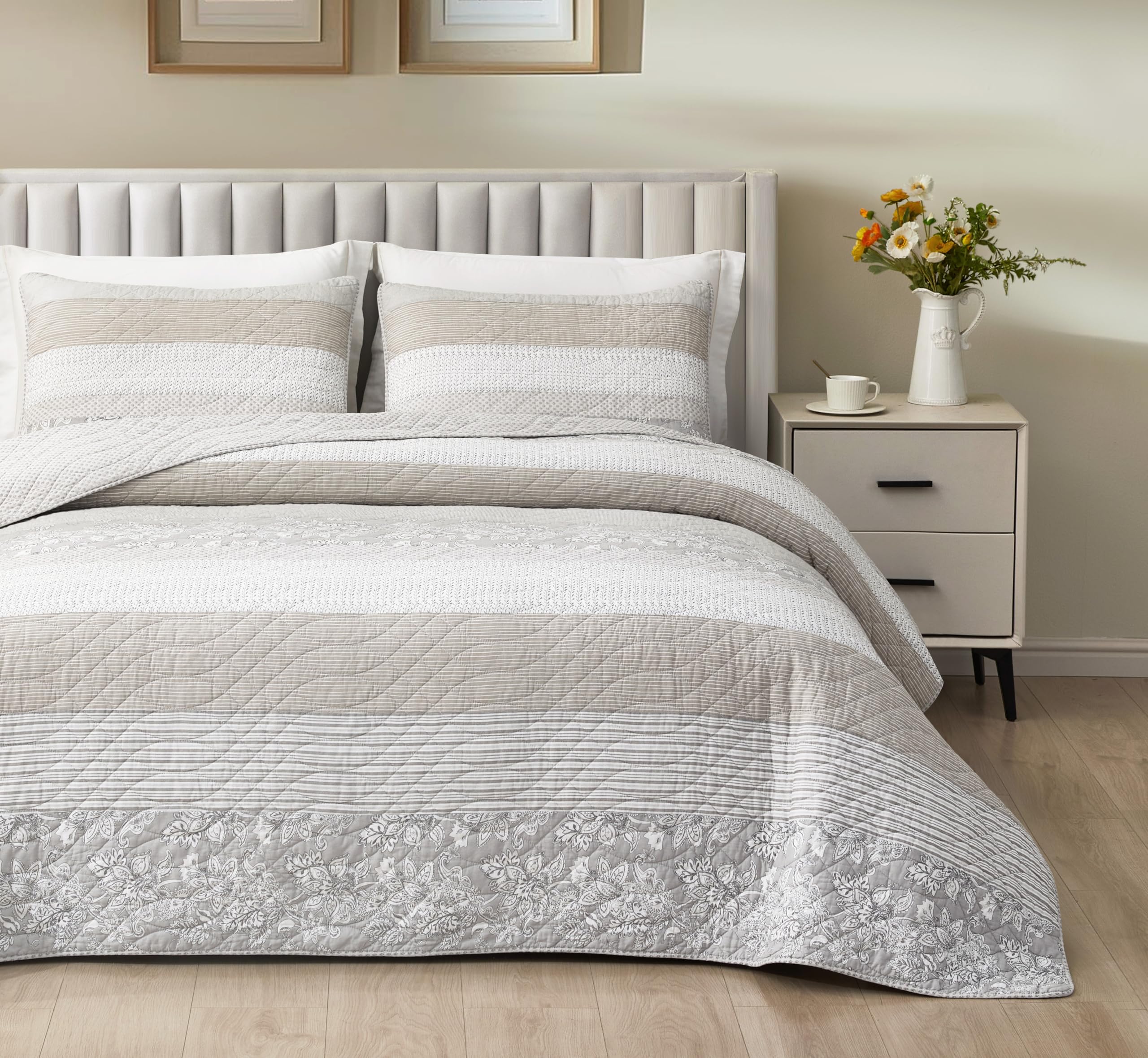 Chezmoi Collection Robyn 3-Piece Neutral Taupe Gray White Floral Hibiscus Flower Patchwork Striped Quilt Set - Pre-Washed Cotton Coverlet - Lightweight Reversible Bedspread, King Size