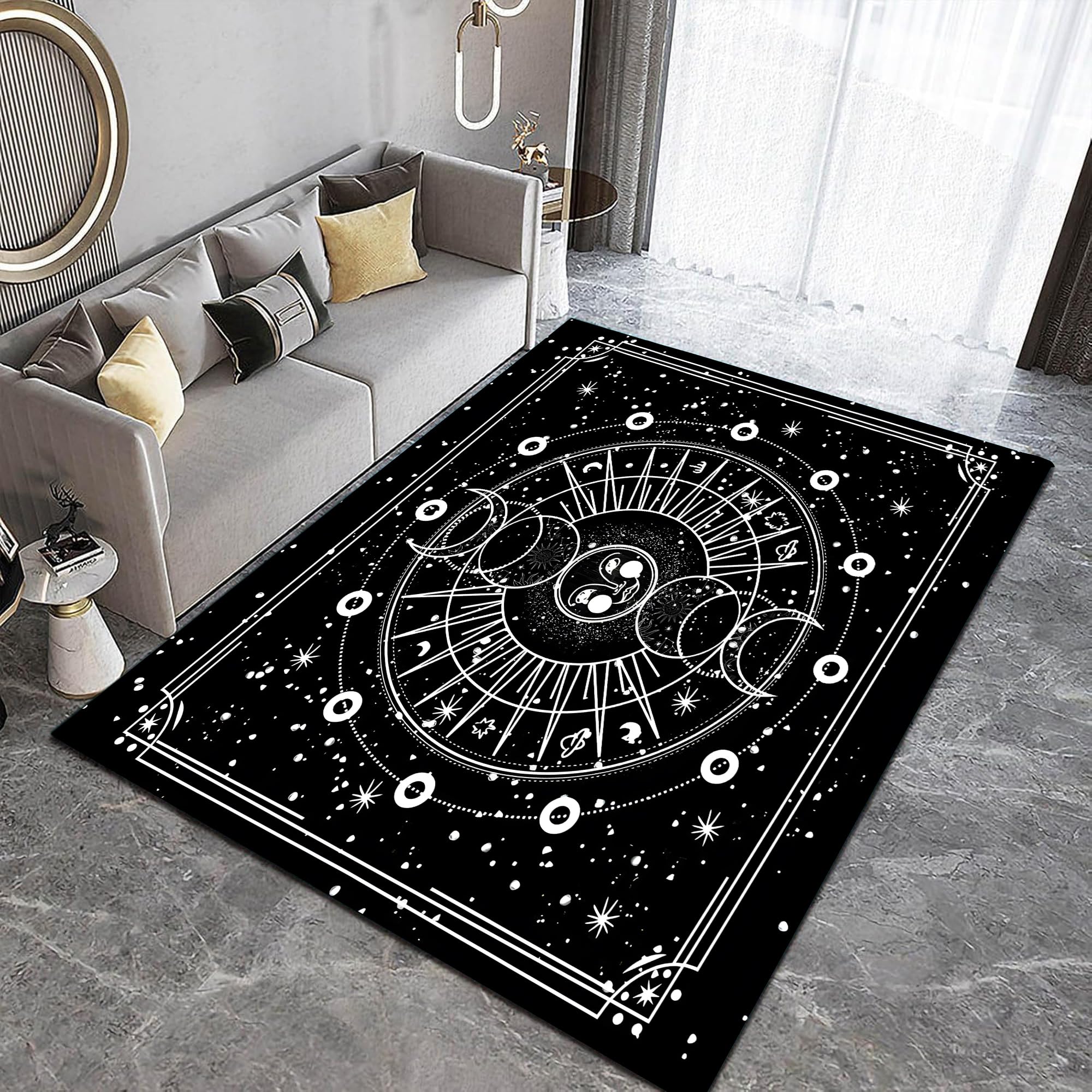 EDGZKO Moon Phase Rug 4x6: Boho Sun and Moon Rug for Bedroom Black White Celestial Area Rug Non Slip Witchy Rugs Tarot Astrology Floor Mat Carpet for