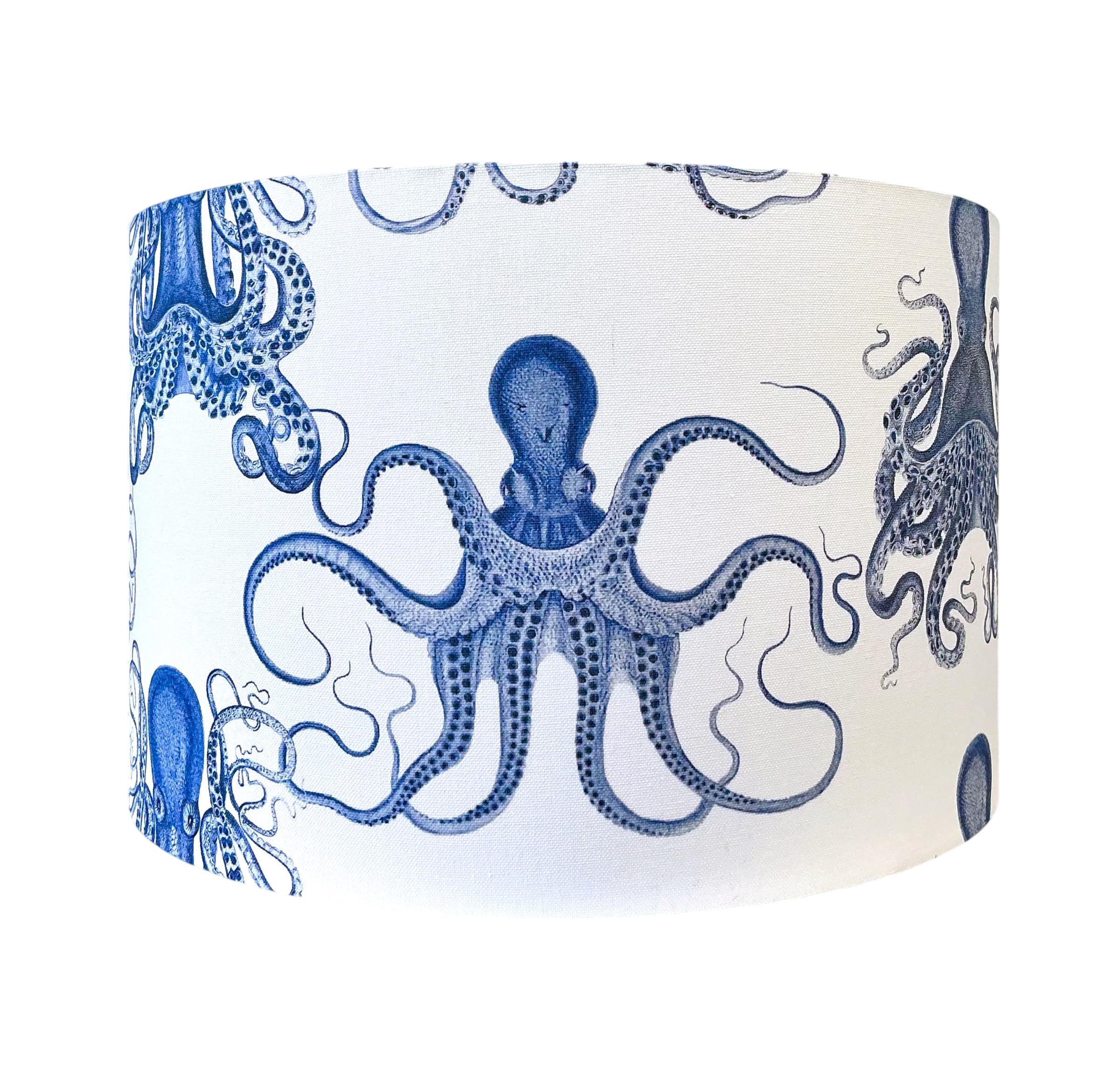 Nautical Octopus Lampshade – Blue Coastal Drum Shade, Marine Ocean Fabric Light Shade for Table, Floor or Ceiling Lamp
