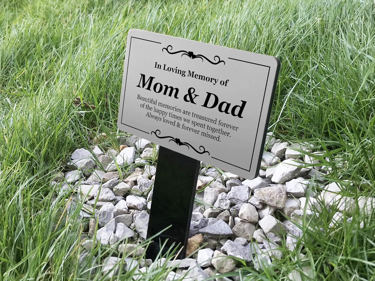 Mom & Dad Memorial | Remembrance Plaque | Stake - Silver and Black Acrylic | Waterproof | Outdoor | Grave Marker | Tribute | Plant Marker | Create A Lasting Remembrance