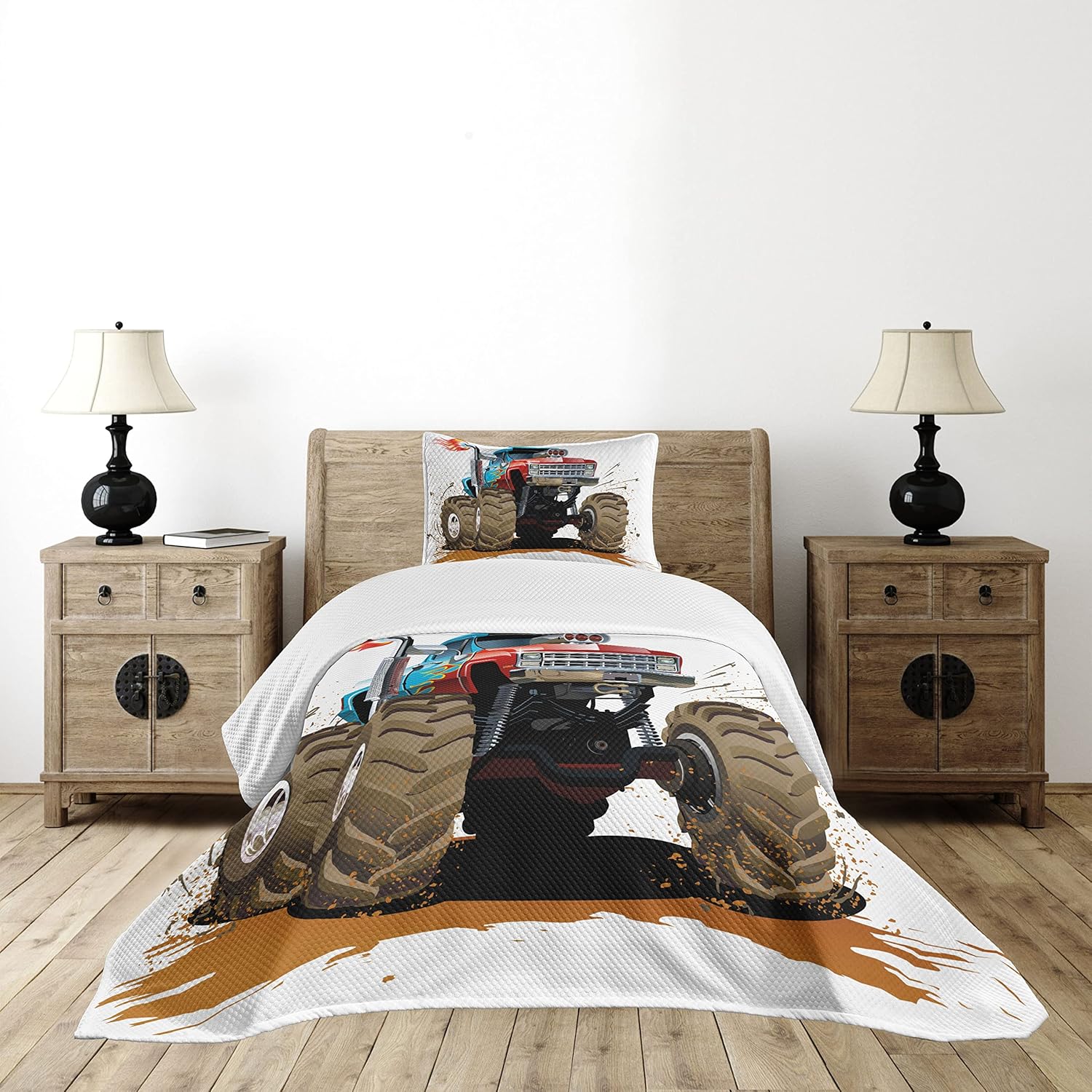 Lunarable Man Cave Bedspread, Monster Truck Splashing Mud Graphic Design Machinery Engine with Wheels, Decorative Quilted 2 Piece Coverlet Set with Pillow Sham, Twin Size, Red Blue