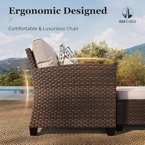 Miniatura 5 de Juego de Muebles de Patio Pequeño, Juego Seccional de Exterior de Mimbre de 3 Piezas, Juego de Sofá de Patio en Forma de L, Juego de Conversación