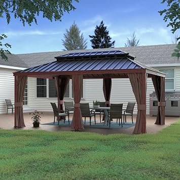 Yardenaler 12x20 FT Gazebo Wooden Finish & Metal Frame, Double Roof Permanent Outdoor Pavilion with Mesh Netting for Patio, Garden, Backyard