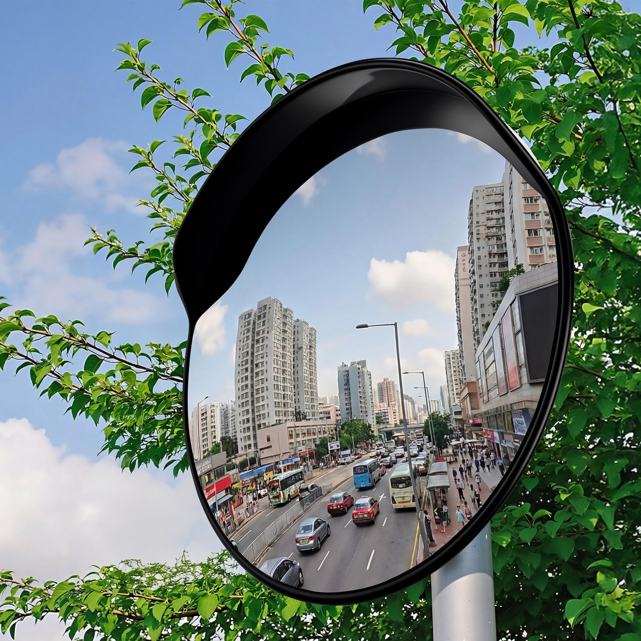 Wiltec Espejo de tráfico convexo 80 cm con cubierta protectora, color negro, espejo de seguridad redondo con campo de visión de 130°, diseño convexo para salidas, material de montaje incluido