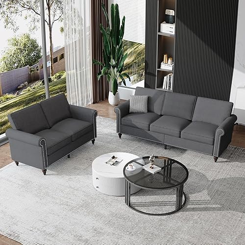 Juegos de sofás de sala de estar de 2 piezas, modernos juegos de sofá de 3 plazas y sofá biplaza, tela de lino de 3 asientos + muebles de sofá de 2