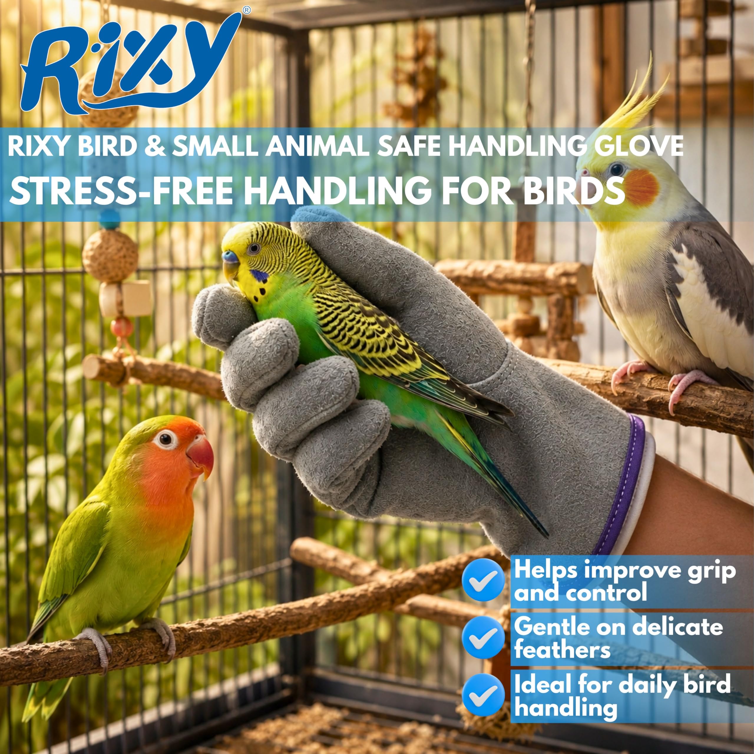Rixy Bird & Small Animal Safe Handling Glove (1 Pc) | Anti Bite Protective Leather Pet Handling & Catching Gloves for Birds, Rabbits, Hamsters & Guinea Pigs | For Daily Comfort & Cage Care