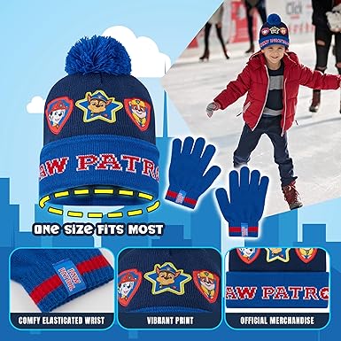 Bonnet écharpe Gants Paw Patrol Ensemble Hiver Pat Patrouille - Bonnet Écharpe Gants Garçon Bleu/Rouge Vêtement Froid Licence Officielle