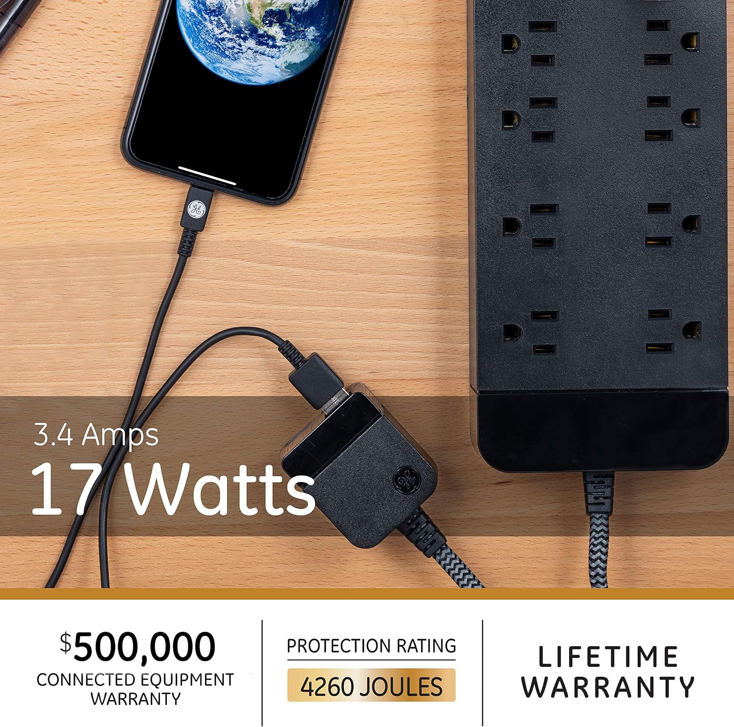 Super Big Clearance! GE UltraPro 10 Outlet Surge Protector, 2 USB Ports On 4 ft Braided Tether, 8 ft Braided Cord, Compatible w/ iPhone 12/11/Pro/Max/Xs/XR/X/8, Samsung Galaxy S21/S10/S9/Plus, Google Pixel, Black, 45248