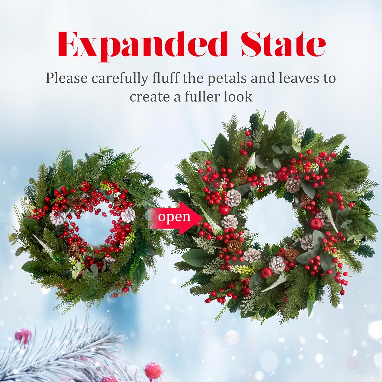 24 Inch Christmas Wreath with Red Berries, Apples, Pinecones and Eucalyptus – Artificial Winter Holiday Front Door Wreath for Farmhouse, Indoor Outdoor Xmas Home Décor - Image 3