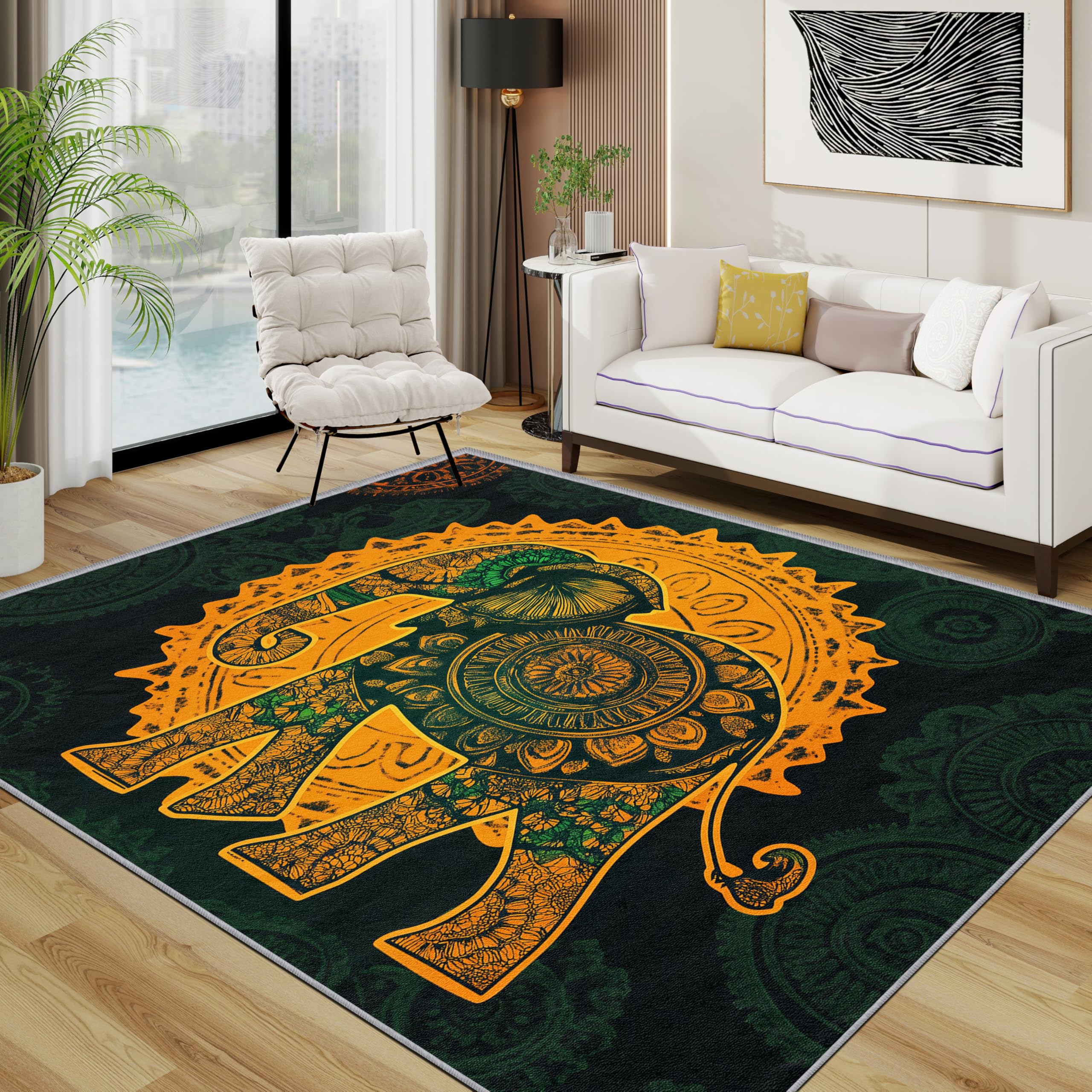 TerroVee Elephant Rugs Living Room Large 160x230 - Bohemian Ethnic Mandala Bedroom Rug, Traditional Washable Non Slip Low Pile Carpet, Elephant Home Decor