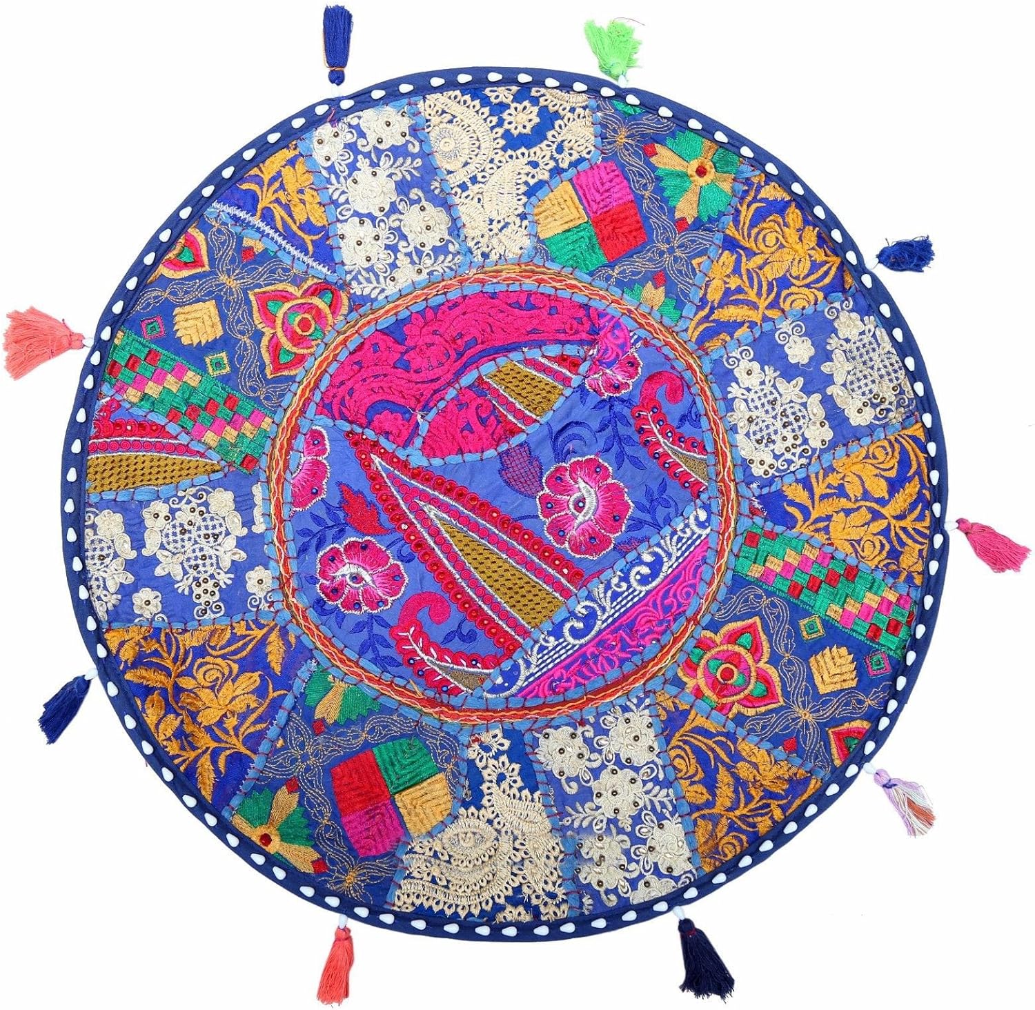 Sophia Art Round Floor Pillow Cushion Bohemian Patchwork Pouf Ottoman Vintage Indian Foot Stool Bean Bag Floor Pillow Cover Home Decor, Living Room Ottoman, Bohemain Pillows 18 Inch (Blue)