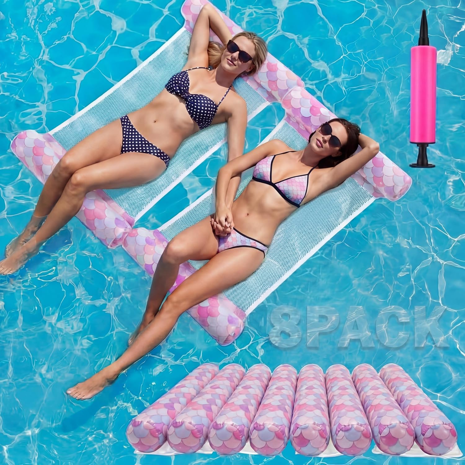 Gemscream Inflatable Pool Floats for Adults with Air Pump 4-in-1 Water Hammock Lounge Rafts Chairs Saddle Vacation Relax Toy for Summer Swimming Luau Party Beach