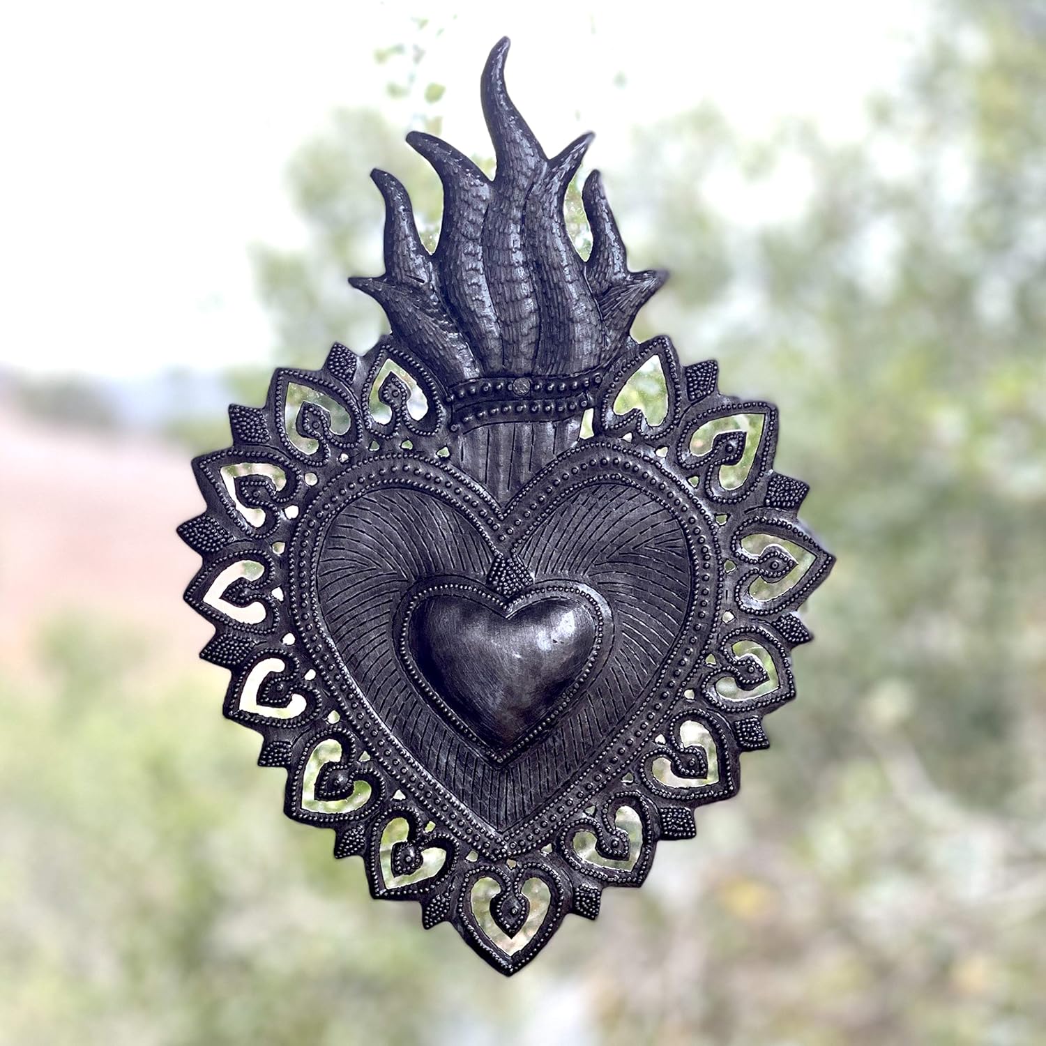 Sacred Heart, Flaming Heart, Religious Folk Art, Spiritual Home Decor, Haitian Metal Wall Art 7.25 X 10.25 Inches