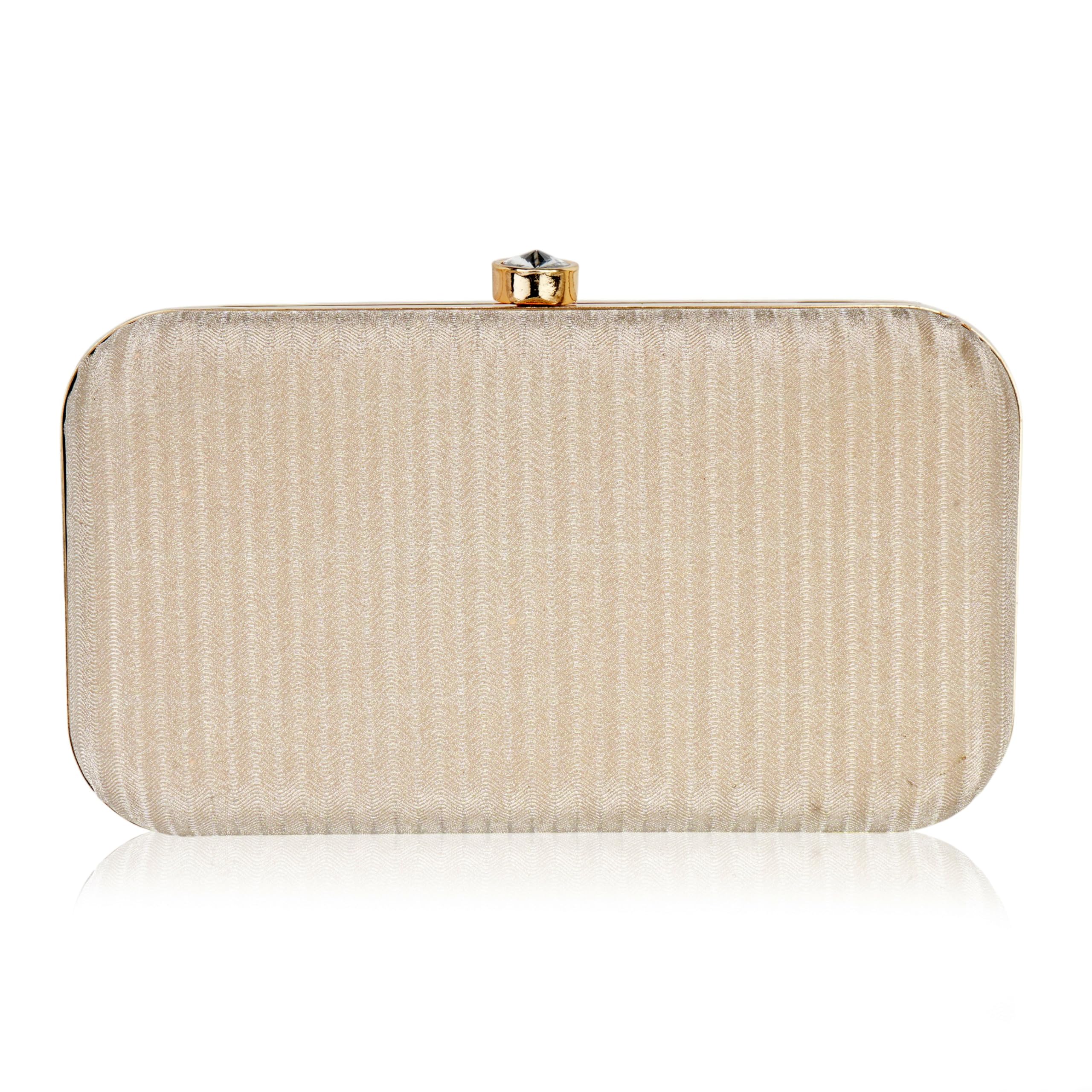 Elegant Gold Textured Evening Clutch, Champagne Gold Hard Case Party Purse with Crystal Clasp and Chain Strap, 8x5x2.5 Inch-image-49