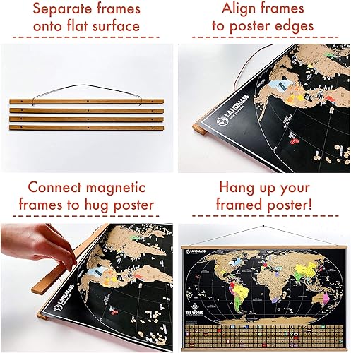 Miniatura 6 de Landmass Marco magnético de madera para colgar pósteres, de 24 pulgadas + póster de mapa del mundo negro para rascar, impresión de mapa del mundo