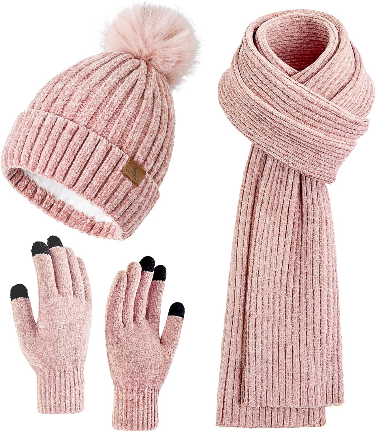 Womens Winter Beanie Hat Scarf Touchscreen Gloves Set Knit Warm Skull Caps Long Neck Scarves for Women Men