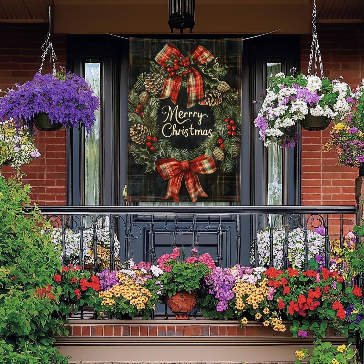 Merry Christmas Garden Flag Plaid Background Pinecone Berry House Flag 28 x 40 Inch Double Sided Large Yard Banners for Porch Home Outdoor Winter Holiday Classic Decor - Image 2