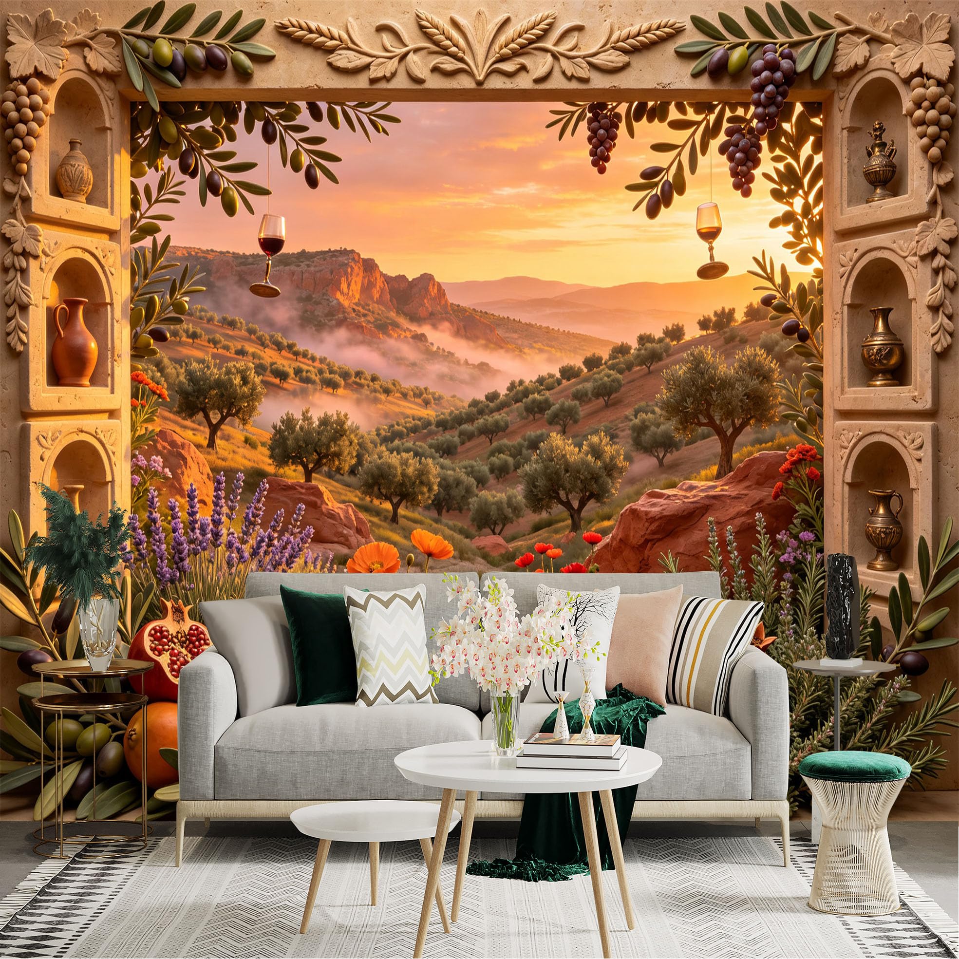 Lnzczhyre Bh260719086 Custom Size Wall Sticker Mural， Mediterranean Landscape， Sunset Orchard View， Wine And Pomegranate Still Life， For Wall Decoration， Peelandstick Wall Decals.
