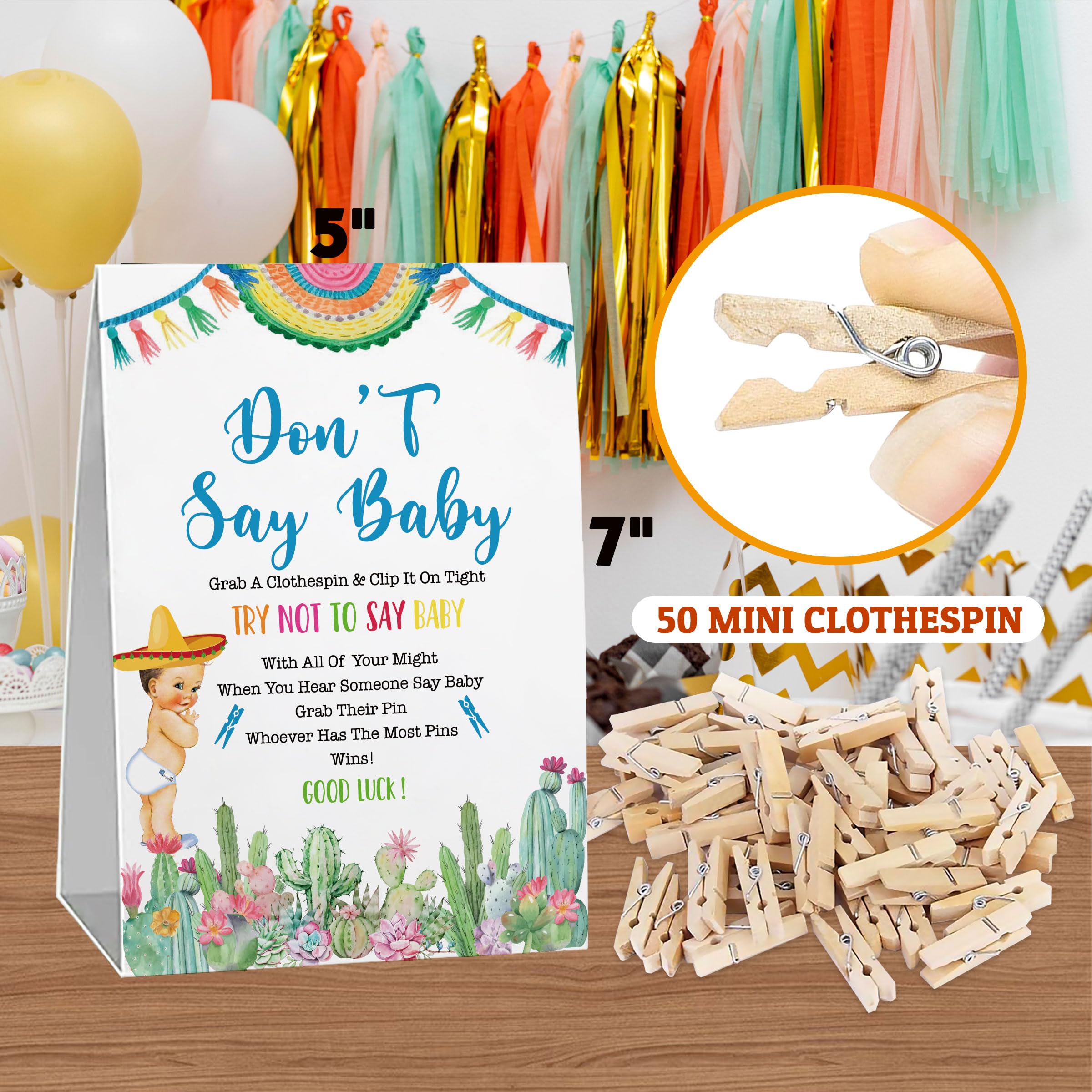 “Don’t Say Baby” Clothespin Game For Baby Shower – Includes Sign & 50 Clothespins, Succulent Theme