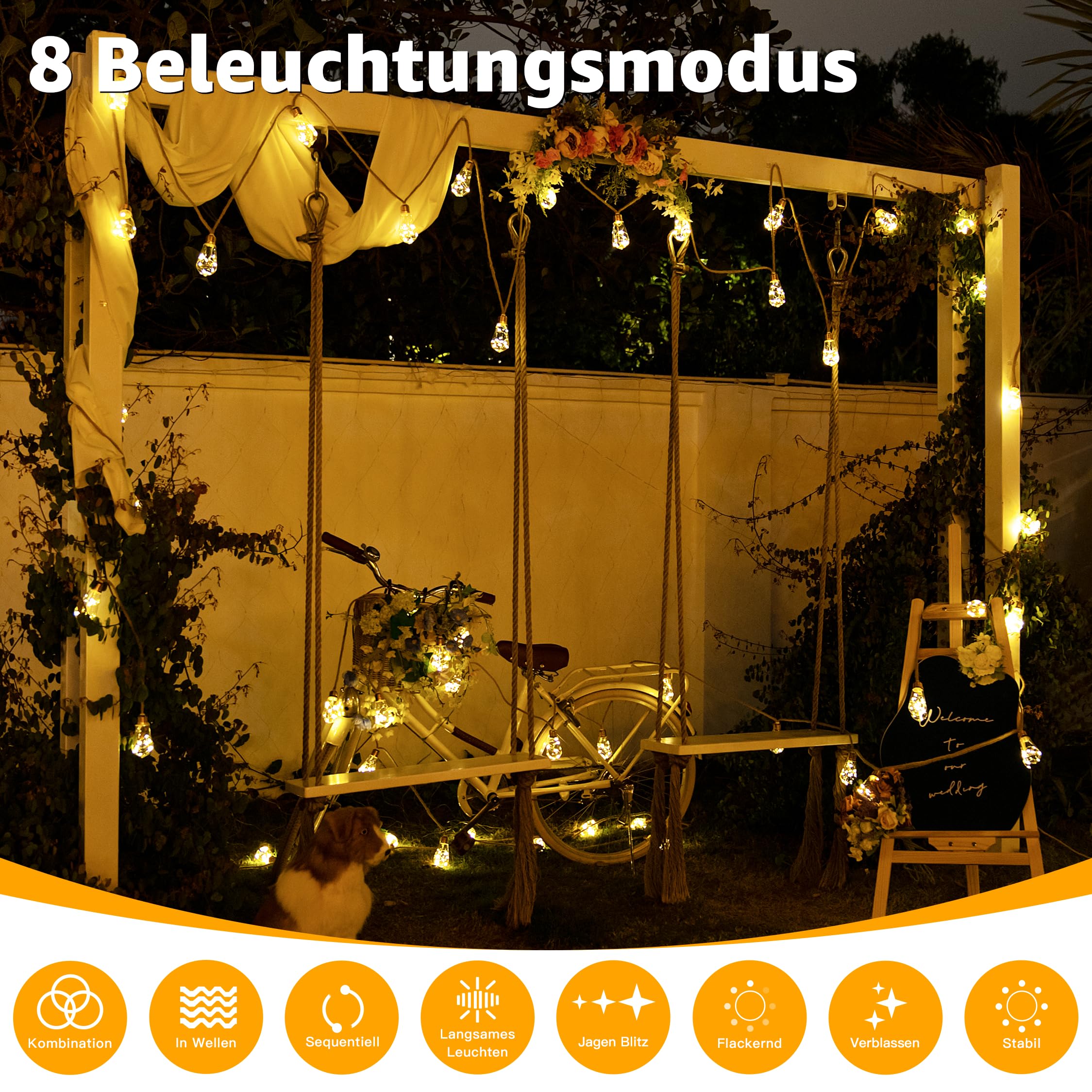 Ollny Solar Lichterkette Aussen, mit 24 S17 Glühbirnen 12M Lichterketten Außen Wetterfest, 8 Modi Timer Dimmbar für Vintage Deko Garten Balkon Terasse Hochzeit Party