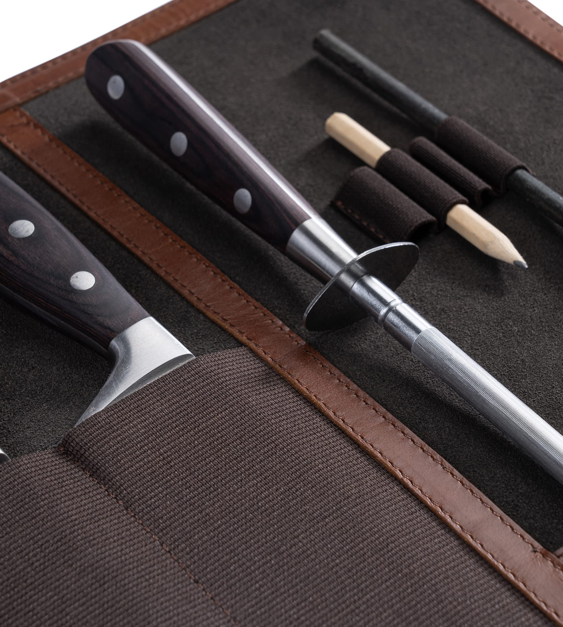 Angus Stoke Borsa per coltelli da cucina, in pelle, grande, per coltelli da cucina, borsa da cuoco Charles (marrone/nero)