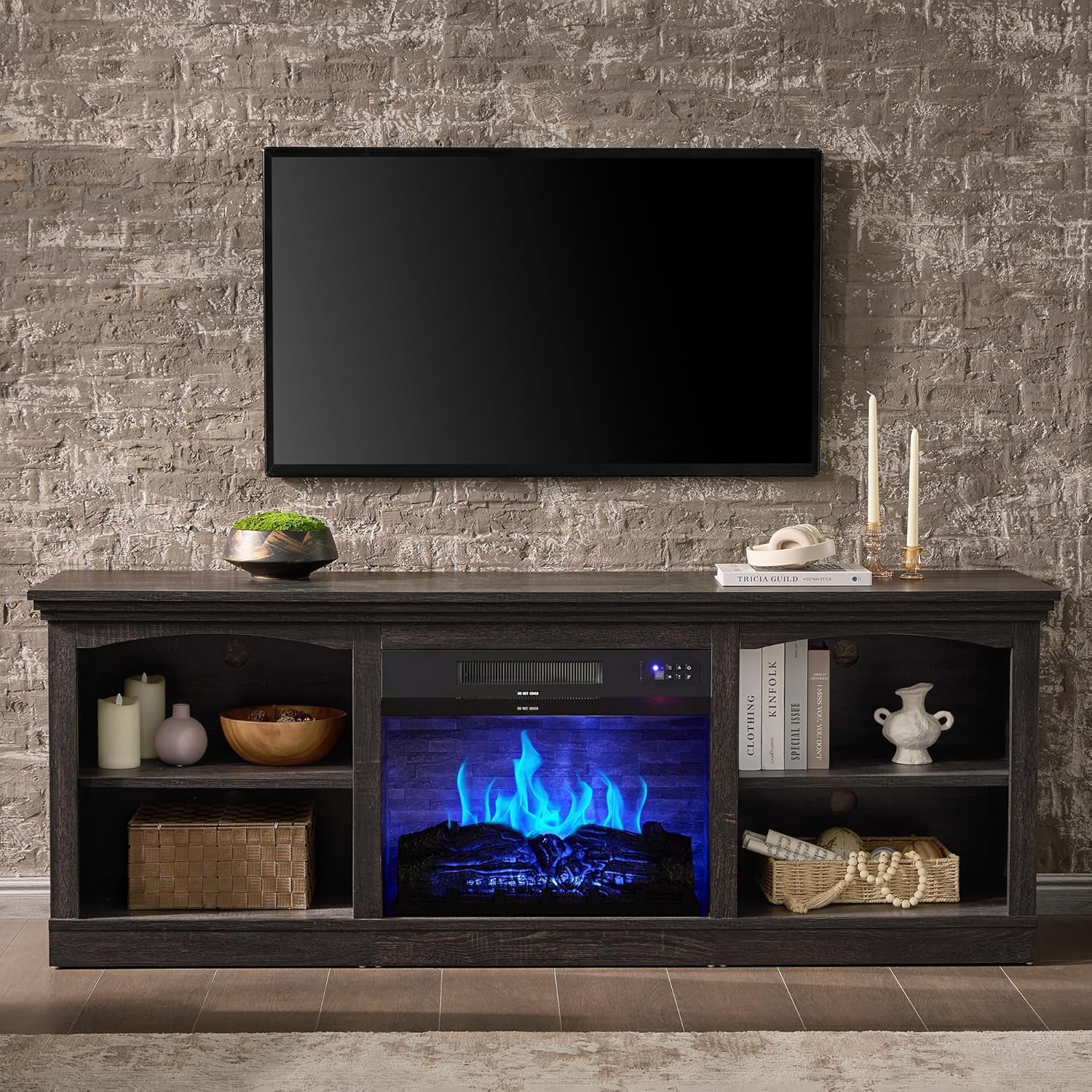 AMERLIFE 70 Inch Fireplace TV Stand for TVs up to 80", Farmhouse Entertainment Center with 23" Electric Fireplace One-Box Delivery, Media Console Table with Storage for Living Room, Black