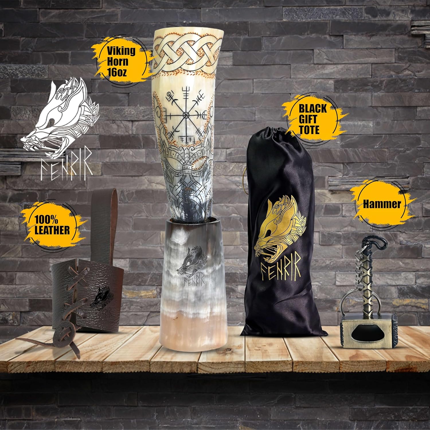 FENRIR Viking Drinking Horn With Stand & Thor Bottle Opener | Norse Medieval Authentic Ox Horn for Ale, Mead, Whiskey | Unique Gifts for Men & Women | 16-20 oz Odin & Vegvisir - Image 2