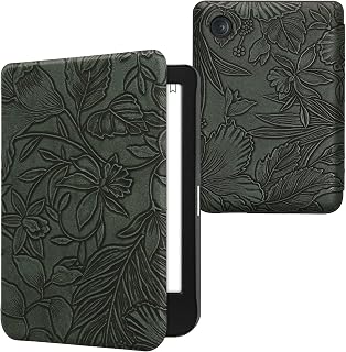 kwmobile Case Compatible with Kobo Clara BW/Colour Case - eReader Cover - Embossing Flowers Green