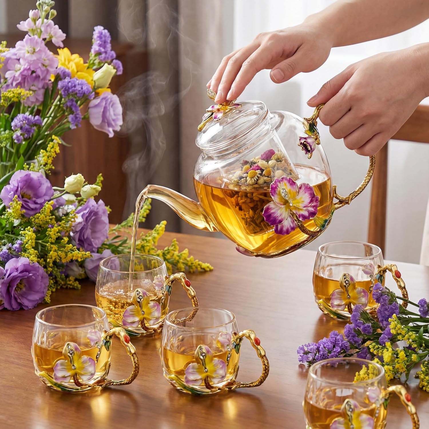 Maxdot Floral Glass Tea Set with Teapot and 6 Cups, 51 oz Vintage Flower Teapot Set with Handle Cups, Decorative Glass Gift for Women, Tea Party, Home Decor