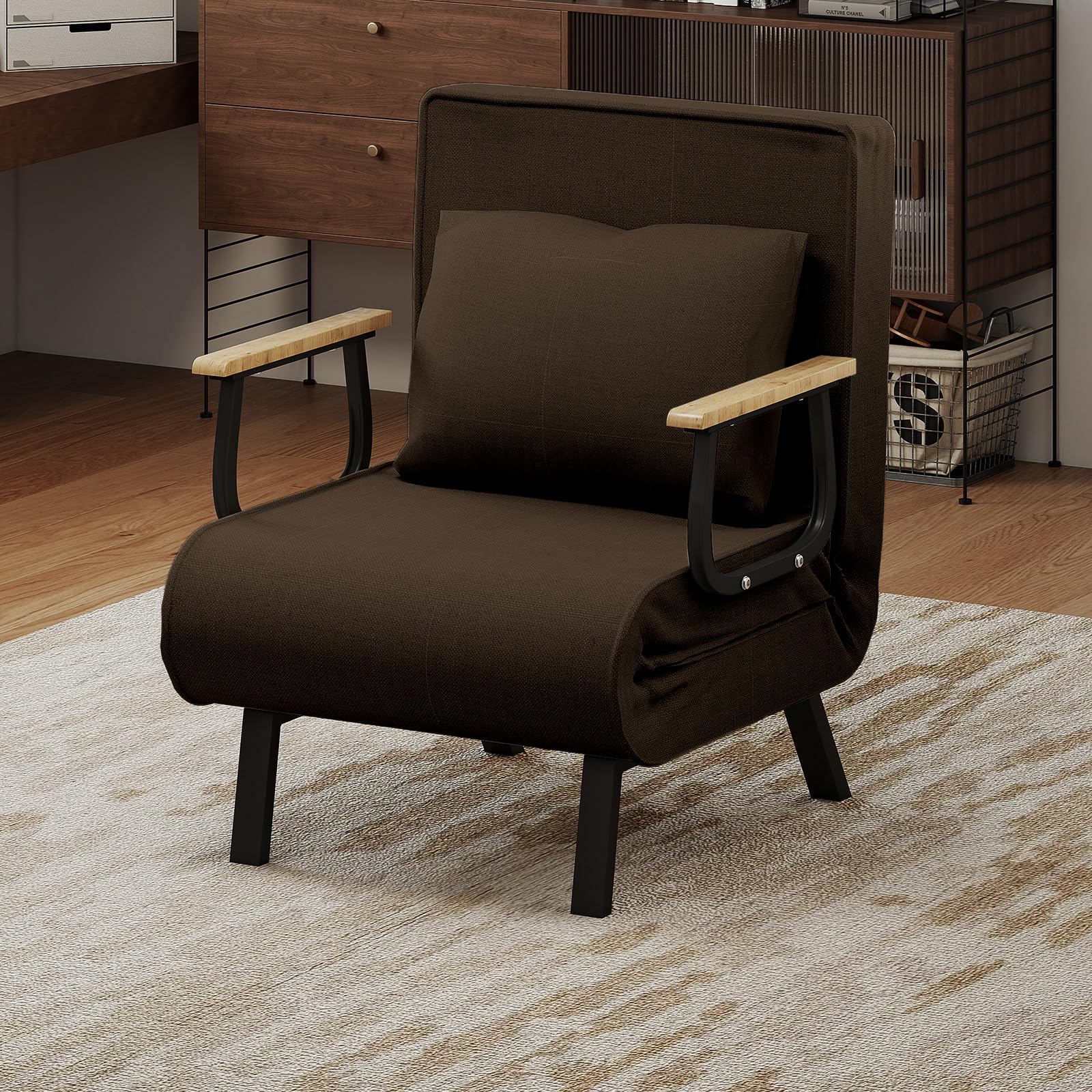 Fabulcozy Divano letto convertibile 3 in 1, poltrona regolabile 5 posizioni, fodera rimovibile in lino cotone, cuscino spesso, gambe in metallo trapezio inclinato, braccioli in legno e metallo, per