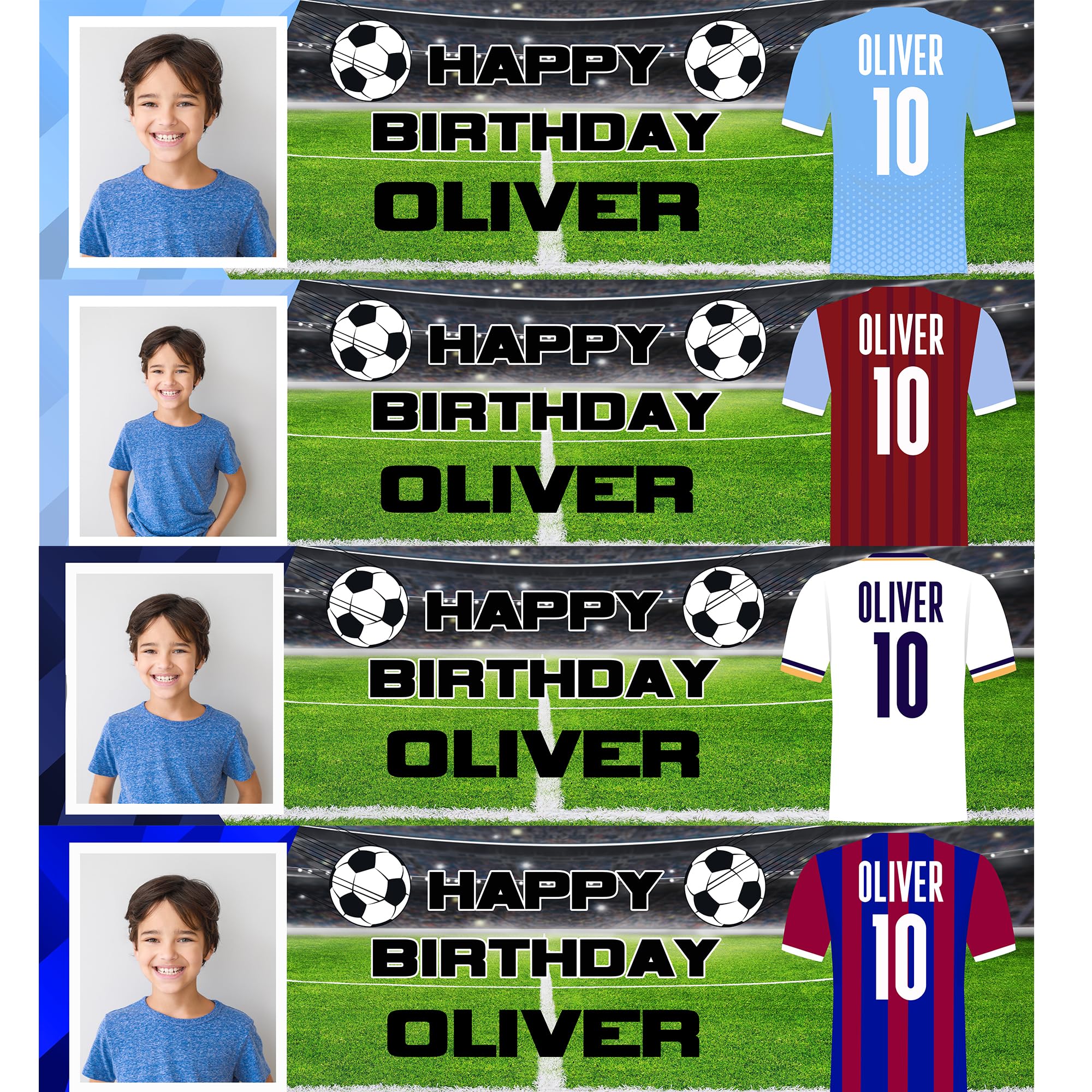 Personalised Football Birthday Banner with Picture 140 x 35 cm Custom Party Decoration for Girls and Boys - Football themed party sign for kids - White
