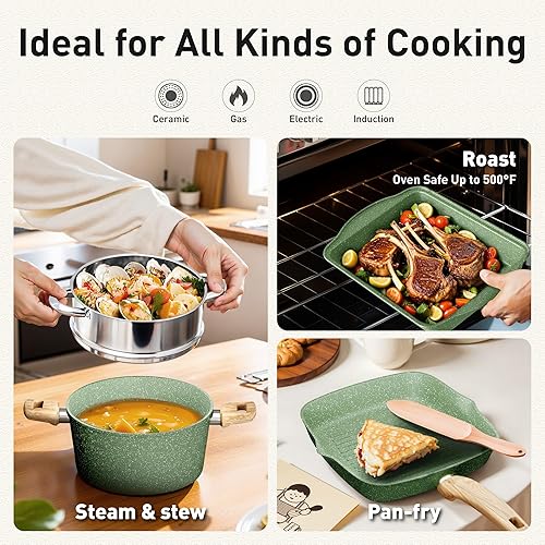 Miniatura 5 de DishDelight Juego de ollas y sartenes antiadherentes, 17 piezas de utensilios de cocina de granito con revestimiento de granito antiadherente, juego