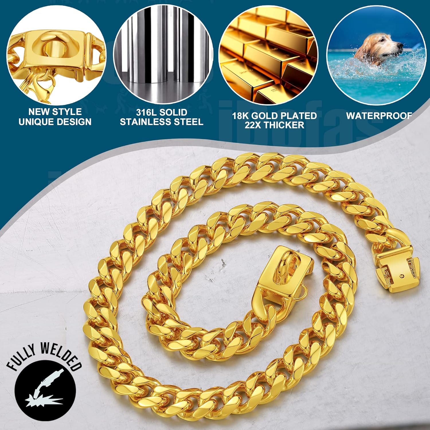 Gold Dog Collar 12mm Cuban Link Collar with Secure Snap Buckle 18K Metal Stainless Steel Dog Chain Collars for Dogs for Puppy Small Medium Large Dogs Includes Dog tag & Bell.(16")