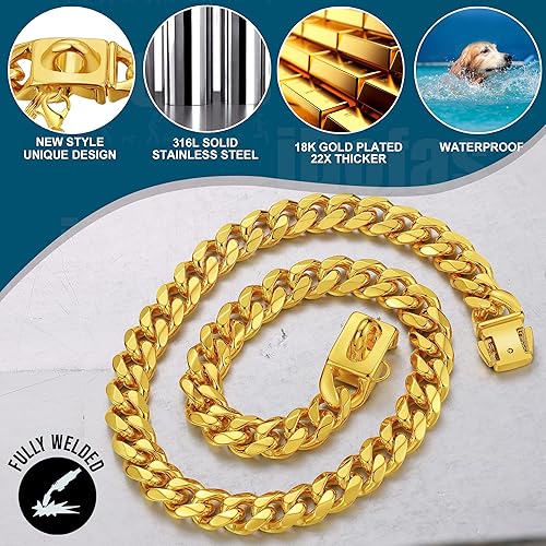 Miniatura 4 de iDofas Collar de oro para perro, collar de eslabones cubanos de 0.472in con hebilla de cierre seguro, collar de cadena de metal de acero inoxidable