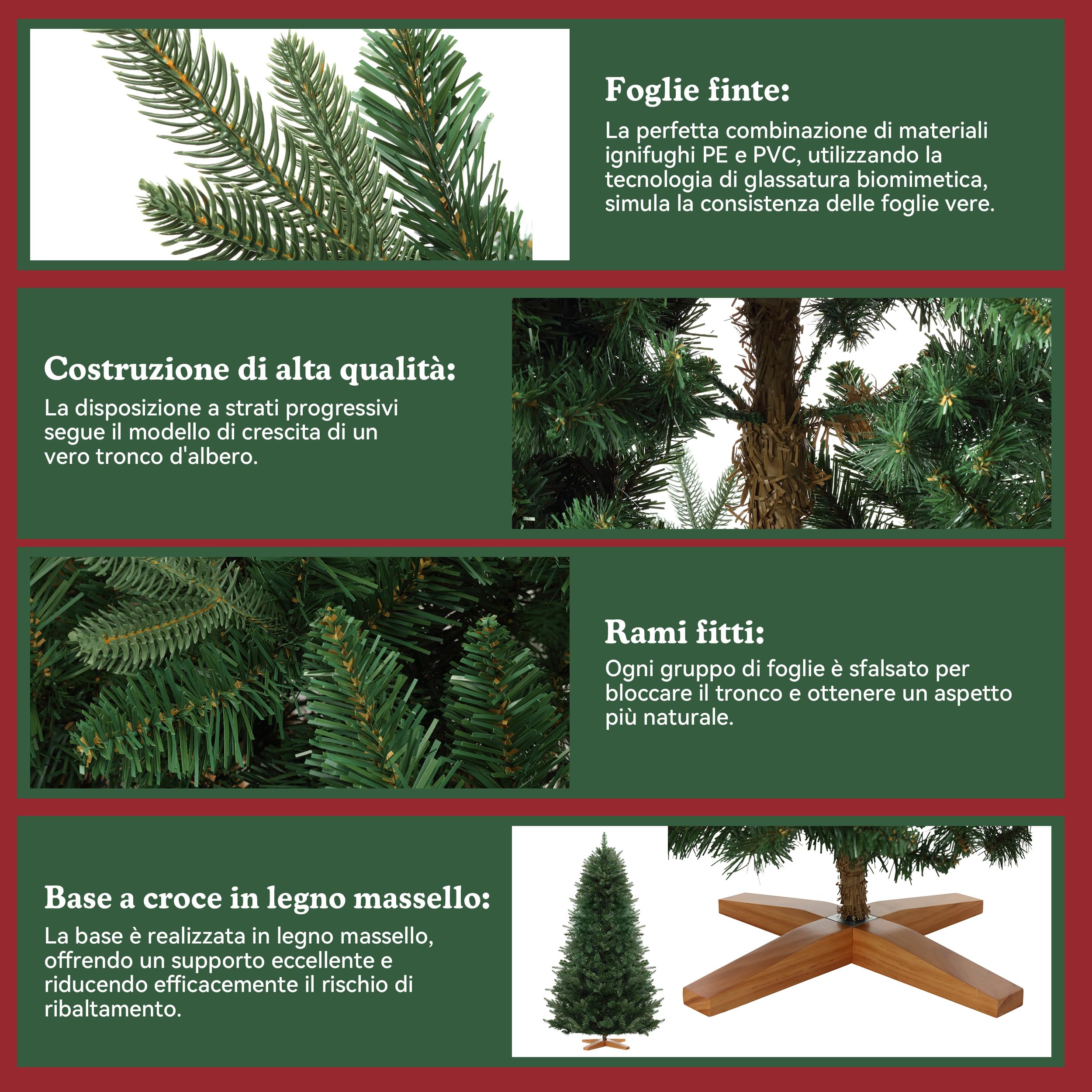 Albero di Natale Artificiale DEWINNER 180 cm, Certificato FSC, Rami in PE/PVC Regolabili, Supporto in Legno Stabilizzato, Extra Denso e Realistico, Facile da Montare, Albero di Natale