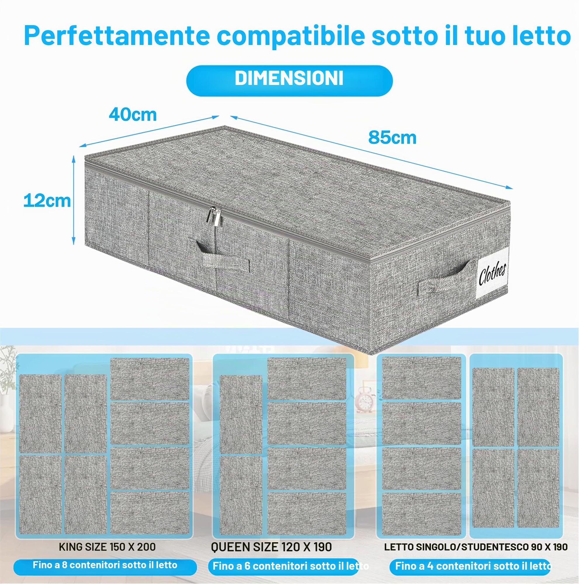 Contenitore sotto il letto, con coperchio, altezza 12 cm, 2 pezzi, pieghevole, lavabile, con 3 maniglie, coperchio con cerniera, per vestiti, coperte