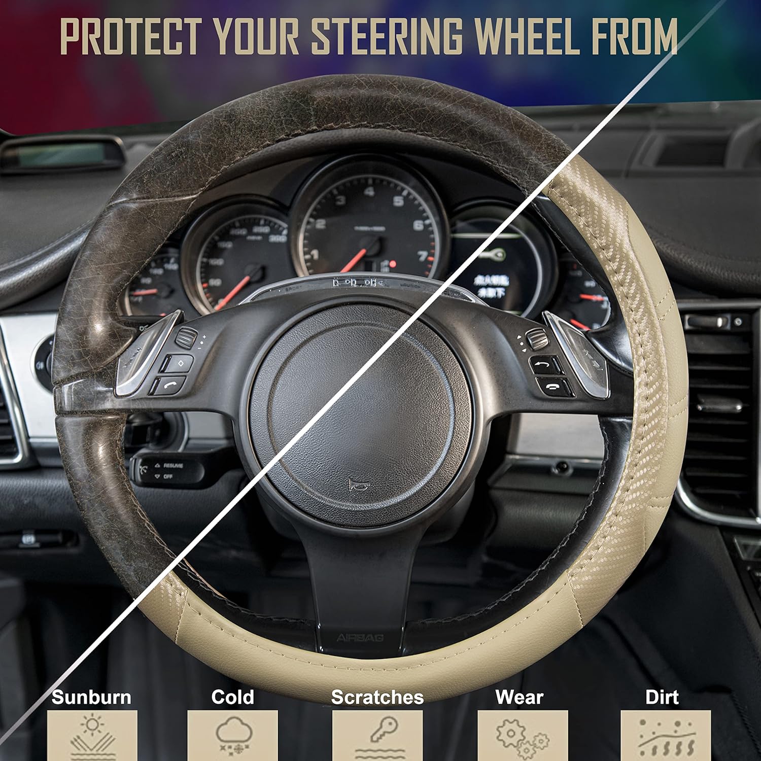 CAR PASS Line Rider Microfiber Leather Sporty Steering Wheel Cover Universal Fits for 95% Truck,SUV,Cars, Anti-Slip Safety Comfortable Desgin (Beige-Carbon Fiber) - Image 6