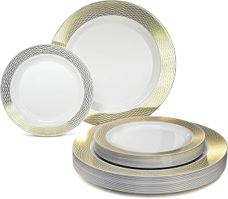 OCCASIONS 240 Plates Pack,(120 Guests) Heavyweight Premium Wedding Party Disposable Plastic Plates Set -120 x 10.5'' Dinner + 120 x 7.5'' Salad/Dessert (Diamond White & Gold)