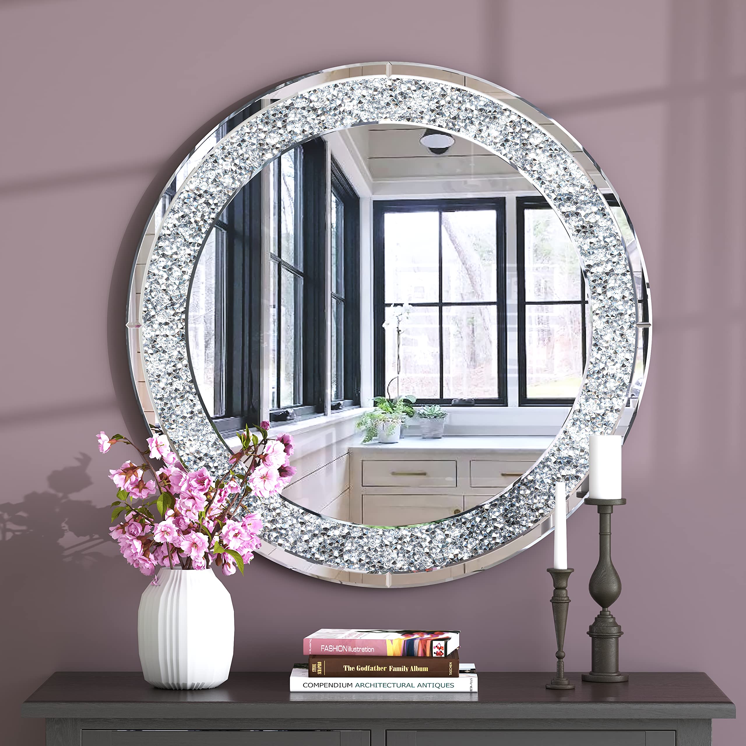 SHYFOY Gran Espejo Redondo, Ø 80 cm, Espejo de Pared Redondo con Diamantes de Cristal, para Salón, Baño, Entrada, Plata