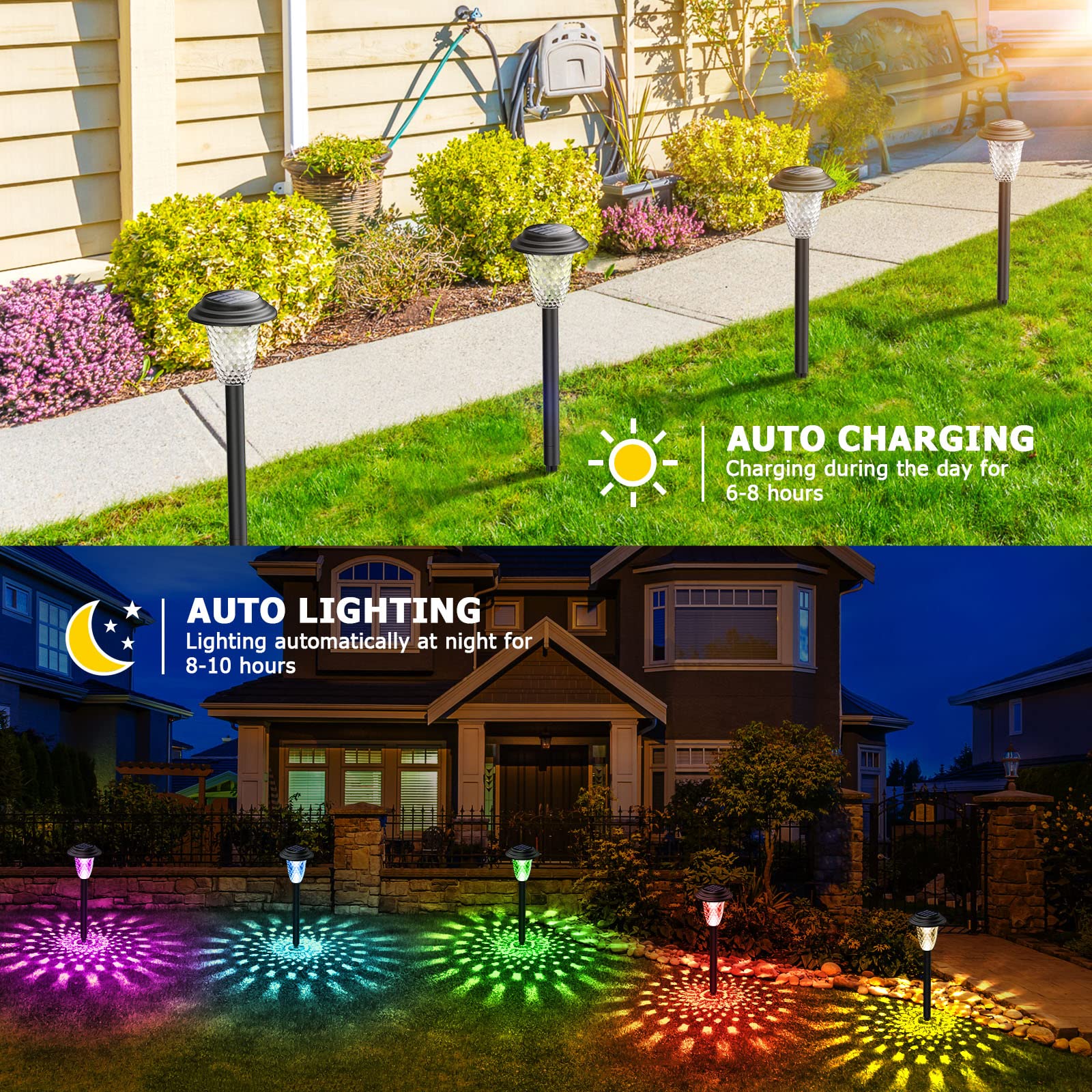BUCASA 8 Pièces Lampe Solaire Exterieur Jardin, LED Colorée et Lumière Blanche Chaude, Étanche pour Pelouse Terrasse